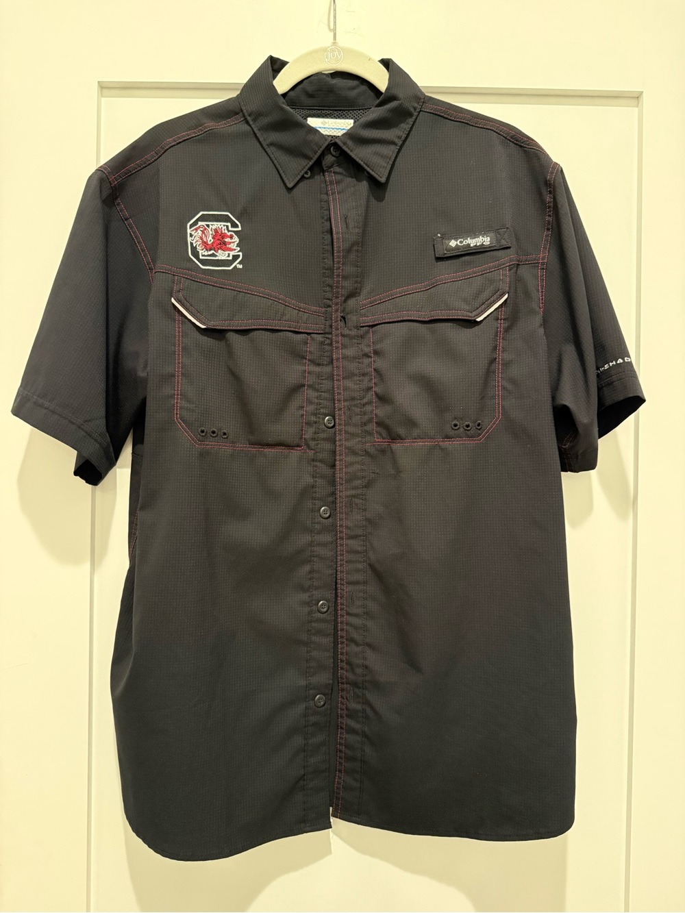 Gamecocks Columbia Short-Sleeve Black Button-Front Shirt with Red Stitching